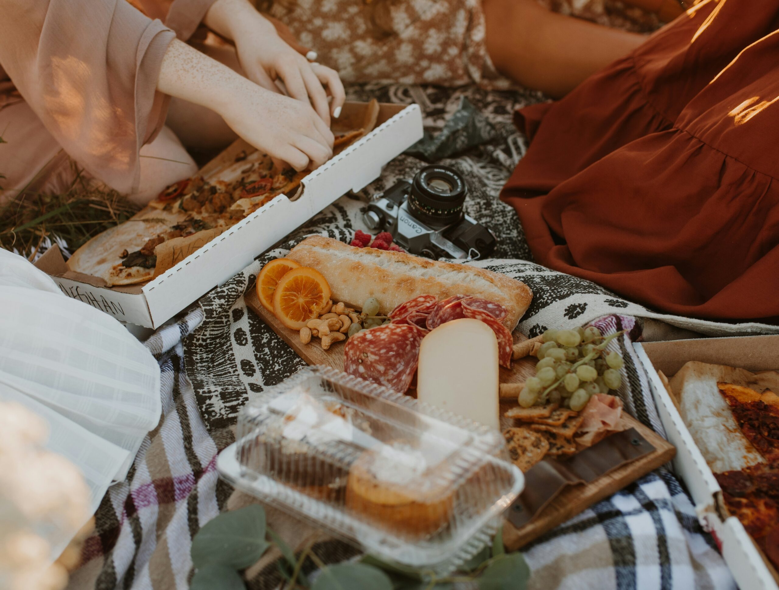 Charcuterie board with salami, cheese, grapes, and flatbread pizza on a picnic blanket with a camera and PNW vibes.