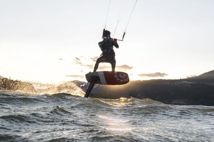 Kitesurfer riding strong Columbia River Gorge winds near Hood River