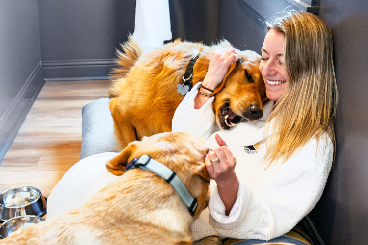 Woman with her dogs in her guestroom