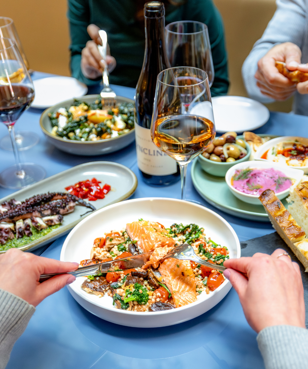 Group dining at a Mediterranean restaurant in Hood River, Oregon.